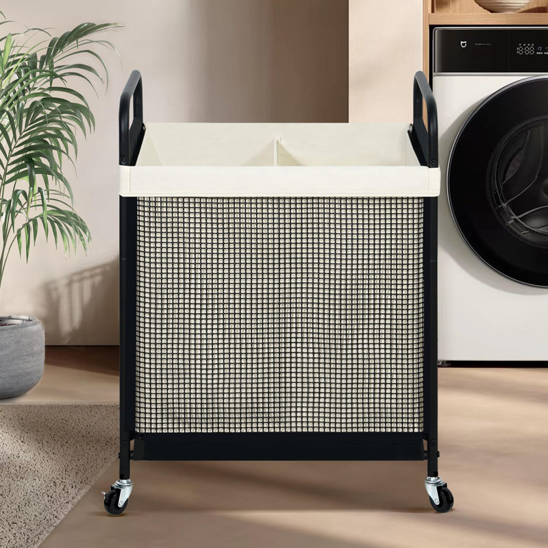 Black and Beige 100L Rolling Laundry Hamper with Steel Frame