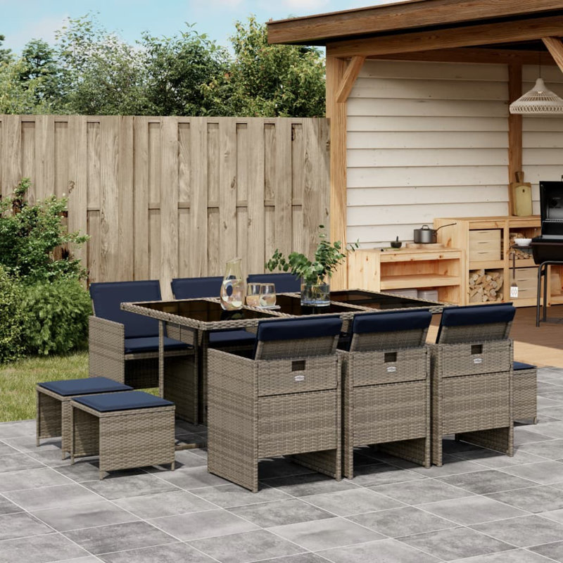 Hokku Designs 11 Piece Patio Dining Set With Cushions Gray Poly Rattan, Blue/Gray