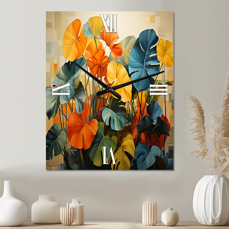 Horloge murale en métal orange et vert plantes tropicales II, Grand