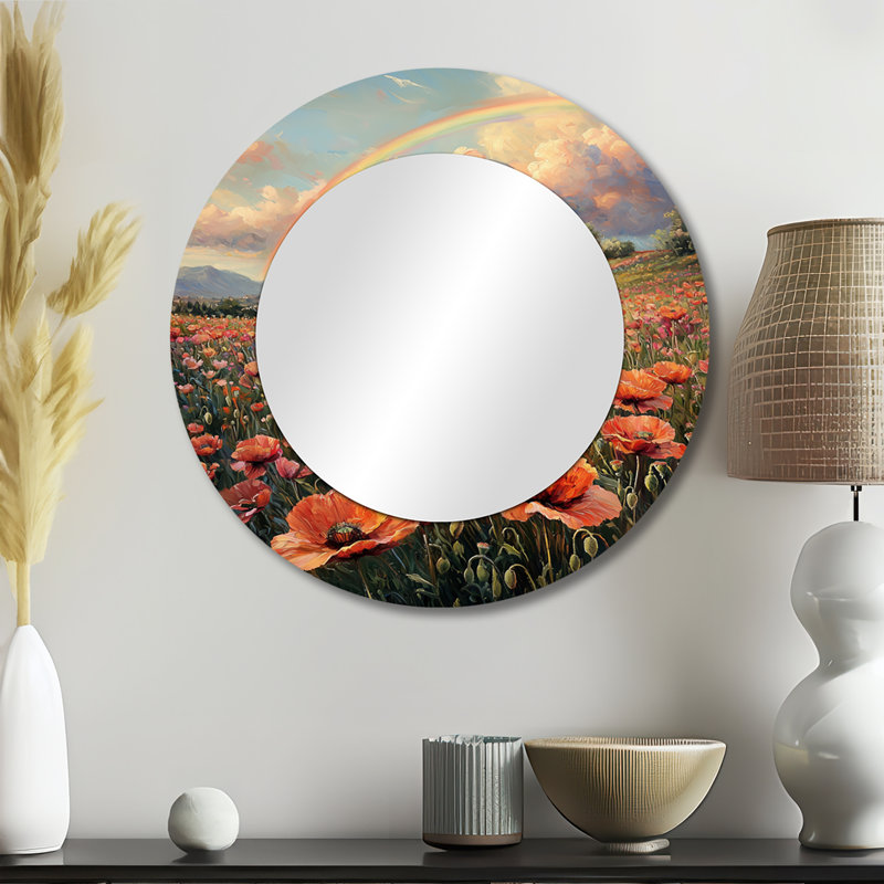 Rainbow Over The Poppy Fields I - Miroir d'appoint mural traditionnel - imprimé sur métal, 23 po x 23 po