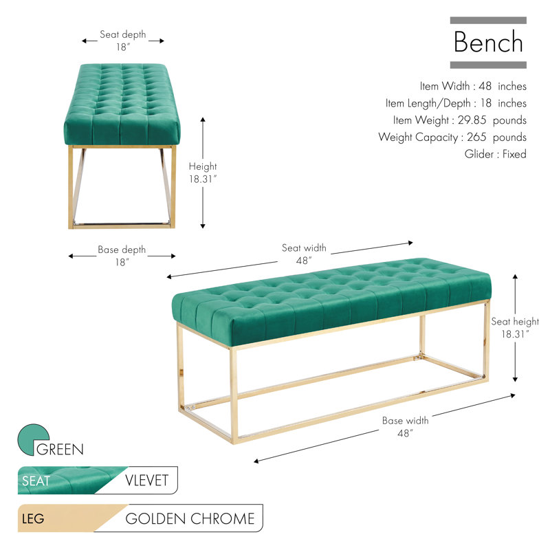 Greydi Tufted Velvet Bench with Gold Chrome Legs, Green