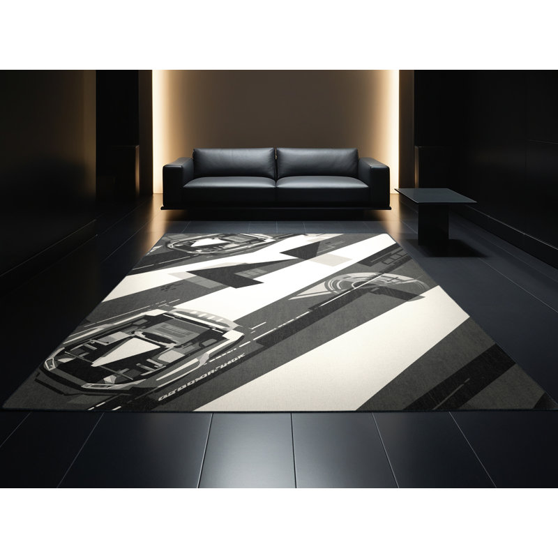 Machine Washable Noma Go Kart Racing Modern Geometric Rug in Gray – Black Binding, 5x7