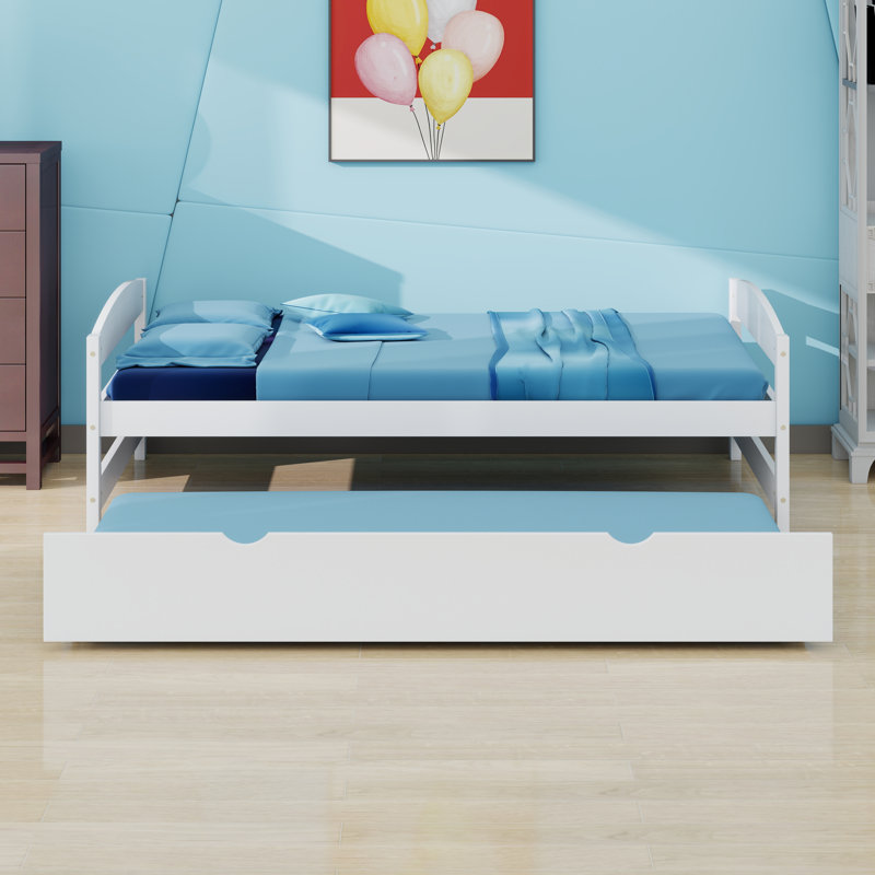 Un lit plateforme simple accompagné d'un lit gigogne sous le lit simple, Blanc