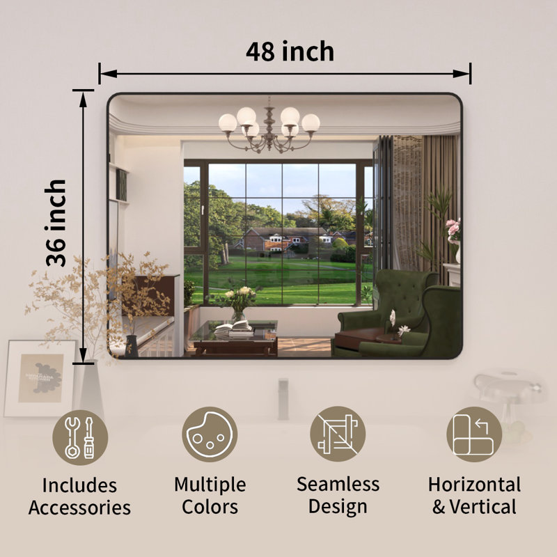 Lucha Matte Black Framed Wall Mounted Bathroom Vanity Mirror with Tempered Glass, Matte Black, 48" x 36"