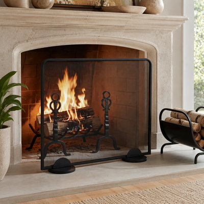 Freestanding Single‑Panel Metal Fireplace Screen, Decorative Spark Screen for Home Wood Burning Fireplace, 38" W x 32" H