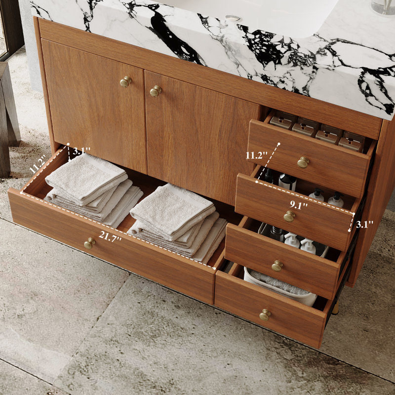 Meuble-lavabo autoportant de 91 cm (36 po) avec comptoir en pierre frittée, lavabo en céramique, 5 tiroirs et armoire à double porte