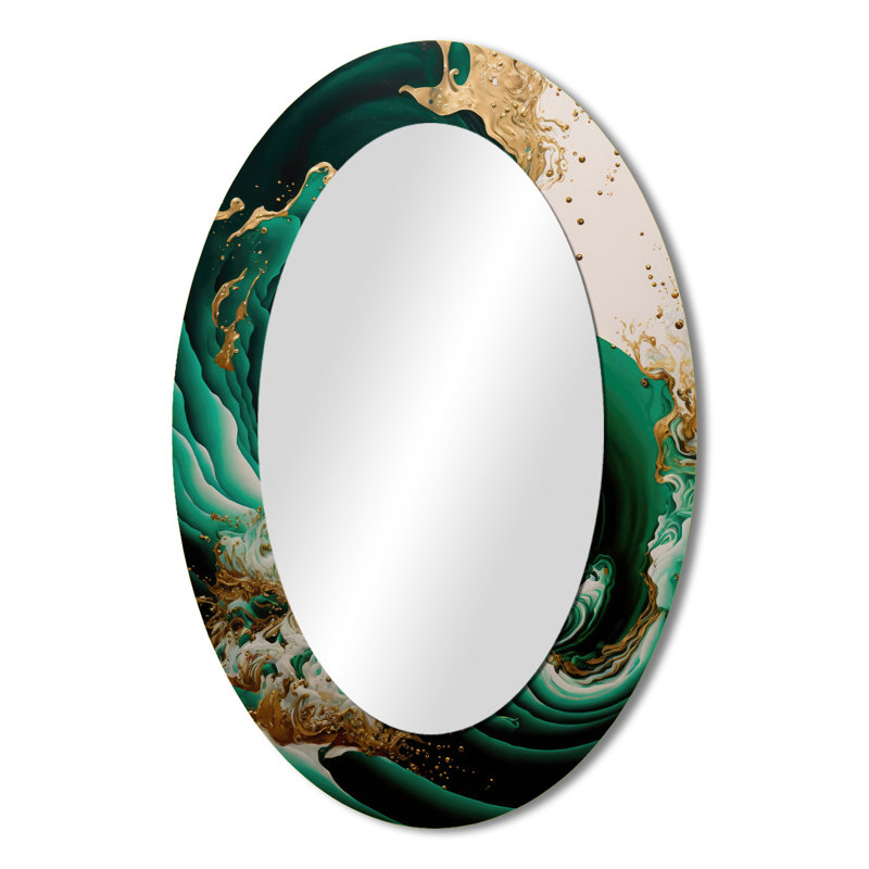 Miroir mural ovale émeraude vert et or abstrait IV, 36 po x 24 po