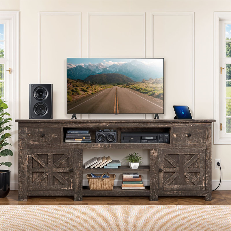 Kavita TV Stand with 2 Drawers and Charging Station , Gray Wood, 30" H x 70" W x 15.5" D