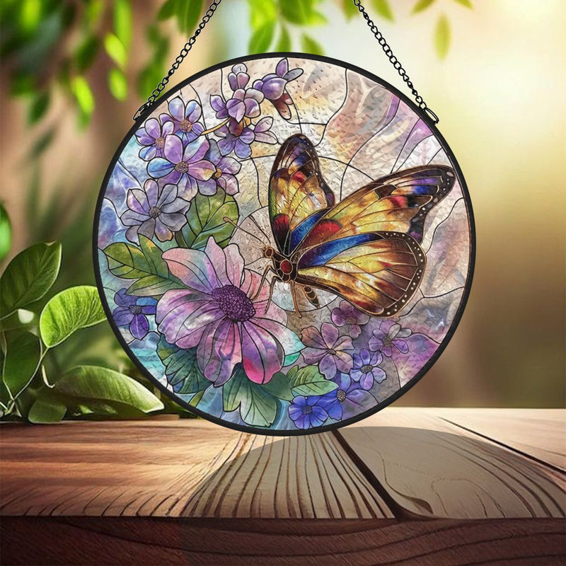 Papillon au milieu de fleurs vitrail panneaux de verre pour décoration de fenêtre, 6,3 x 6,3 po (16 x 16 cm)