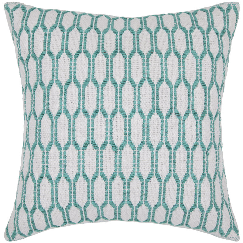 Wool Removable Cover Pillow Throw Authentic Handmade Square Polyester Fill Teal & White Non-Reversible Raised Geometric Trellis With White Cotton Backing