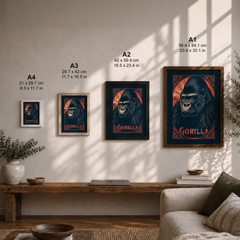 Gorilla Rising Retro - Framed Print, Unframed, A2 - 59.4 x 42.0 cm