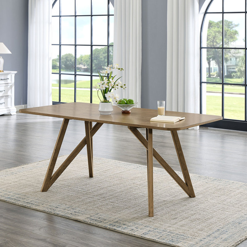 70" Rectangular Walnut Oak Geometric Cross Base Dining Table
