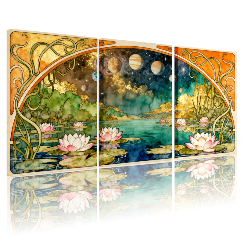 Étang de lotus fantastique avec ciel céleste, ensemble de 3 impressions sur toile, H 24 po x l 48 po
