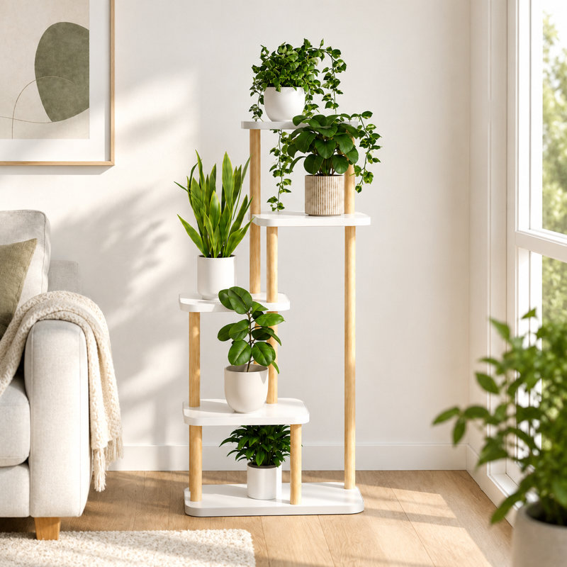 Support pour plante d'intérieur 5 po, grande tablette en bois, cadre moderne pour plante en coin