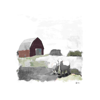 Abstrait grange rouge et moutons - peinture sur toile tendue