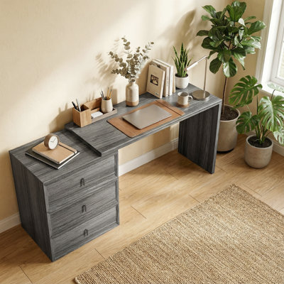 L Shaped Computer Desk with 3 Drawers Black Wood Grain
