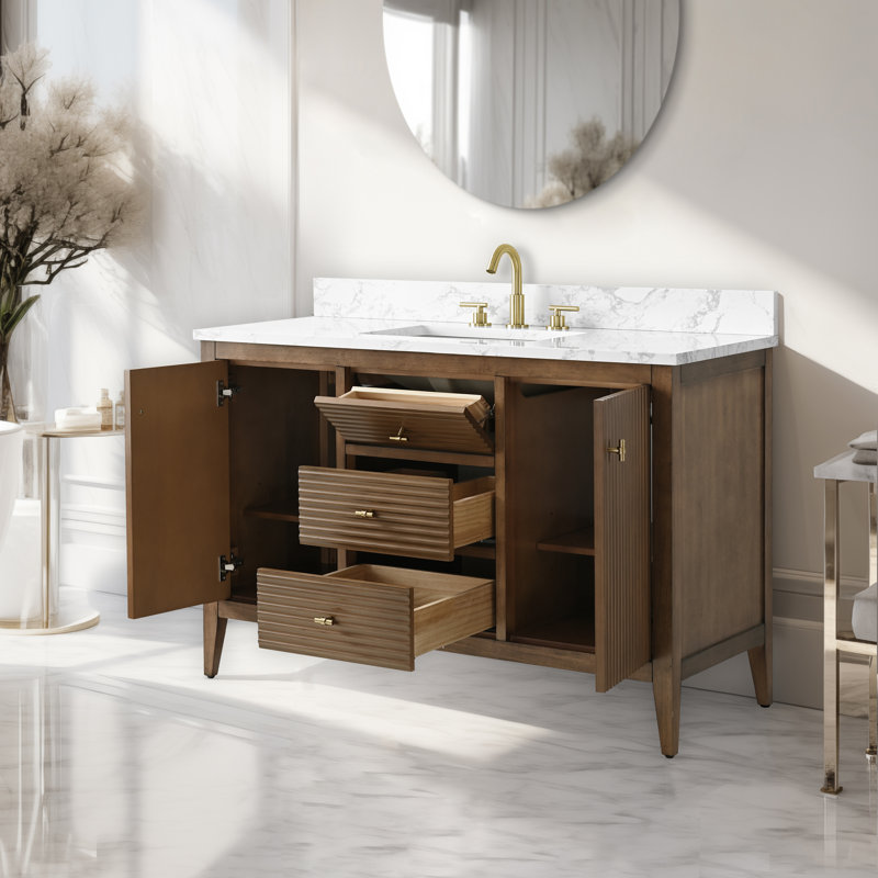 48'' Single Bathroom Vanity with Engineered Marble Top, Linear Walnut, Golden Brushed