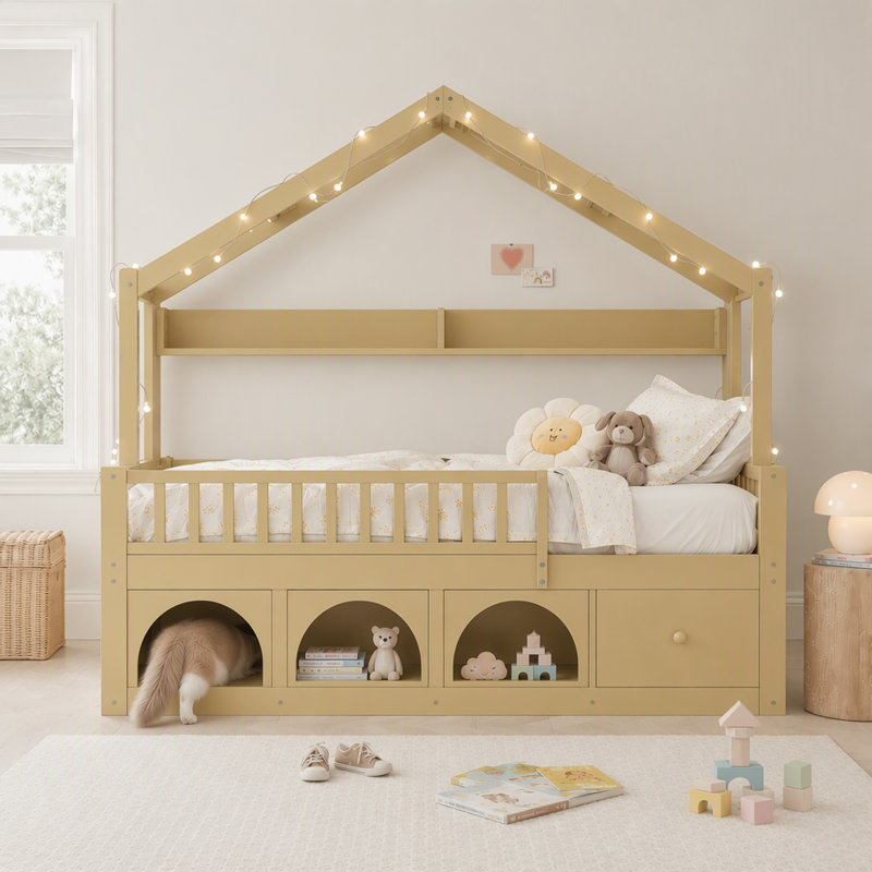 Lit double pour enfants avec toit Montessori, lumières DEL, garde-corps, tiroirs de rangement et casier, naturel, Natural