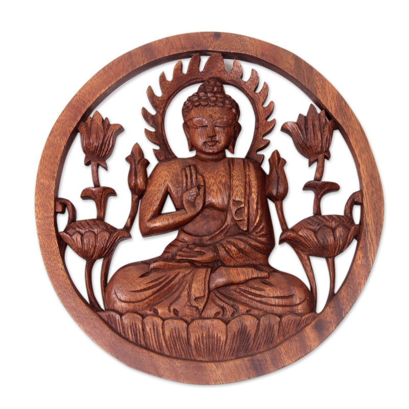 Eka Decorative Carved Wood Relief Panel of Buddha