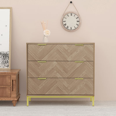 Bendt Modern 3 Drawer Chest Dresser, Mid Century Natural Oak Organizer Bedroom Furniture with Gold Metal