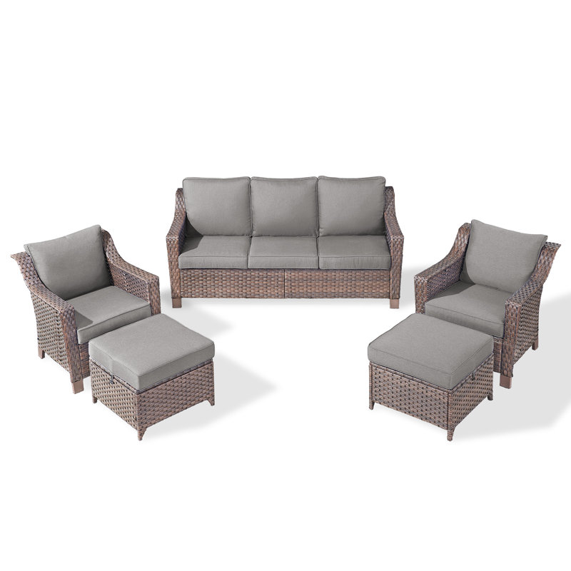 Tya Wicker Sofa Seating Group with Ottomans, Gray