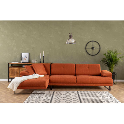Stylish Corner Sofa with Movable Backrest, Orange, 68.5 x 123.6 x 32.7 inches | Beech Wood & Chipboard Frame, 100% Polyester Fabric, Adjustable Arm Mechanism, Soft Foam & Feather Cushions | Modern Industrial Design