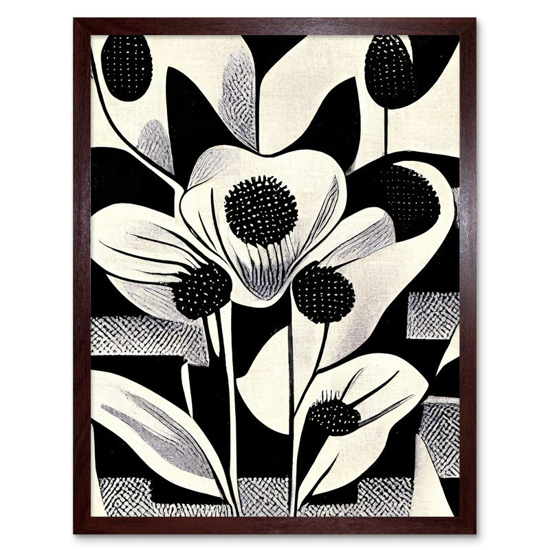 Monochrome Abstract Retro Flower Pattern - Print, Brown Framed Paper, 43cm H x 33cm W