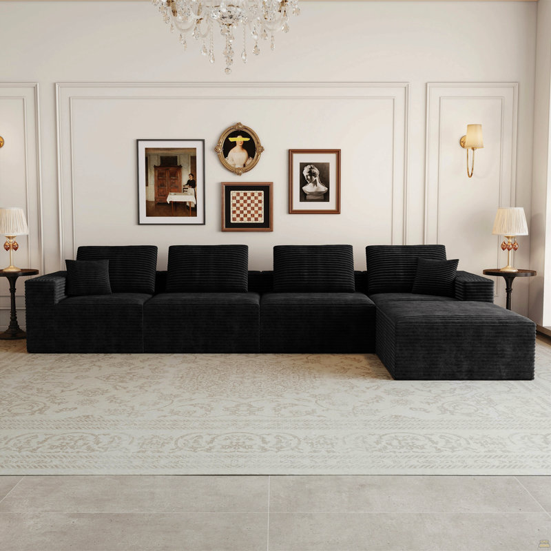 Canapé modulaire 141,73 * 70,87 po, canapé rembourré compressé pour le salon, la chambre à coucher, l’appartement, aucun assemblage requis, combinaison 5 PC gratuite, tissu en velours côtelé moelleux, NOIR