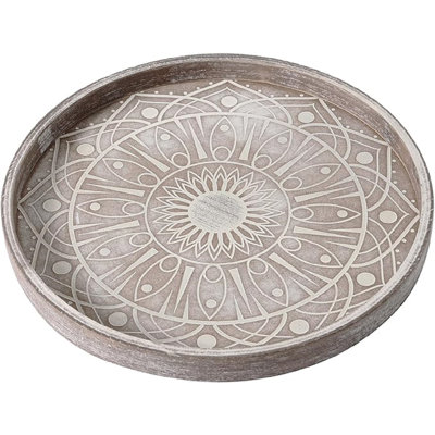 12" Boho Decorative Tray For Home Decor, Round Wood Coffee Table Tray Decor, Rustic Washed Ottoman Tray For Living Room, Small Wooden Carved Circle Serving Tray
