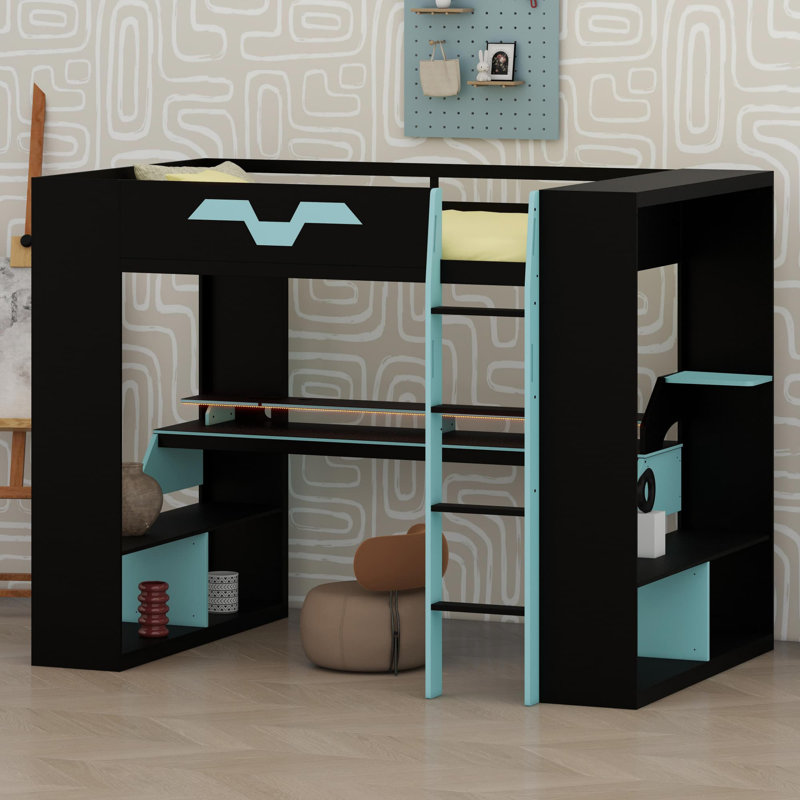 High-Profile Sleeping Platform Featuring Built-in Outlets, Smart Cable Organization, and Dynamic LED Effects, Blue