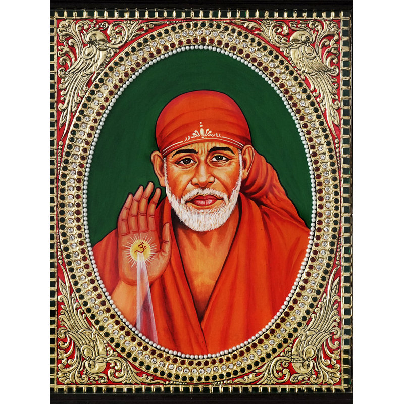 Bénédiction de Sai Baba sous la douche | Peinture avec cadre Tanjore | Couleur traditionnelle avec or 24 carats