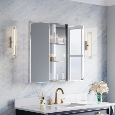 36''W X 30" H Recessed or Surface Wall Aluminum Bathroom Beveled Mirror  Medicine Cabinet And Open Shelf Set