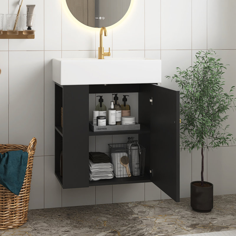 Meuble-lavabo flottant noir moderne de 22 po avec lavabo en céramique, rangement à gauche, pour les petites salles de bain