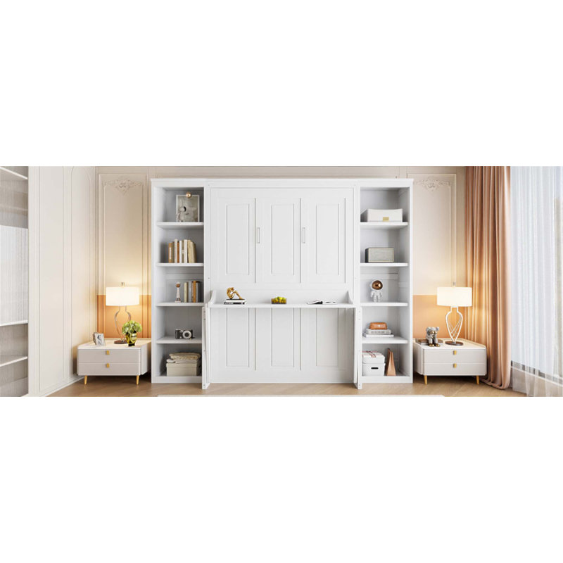 Lit escamotable double avec bureau et bibliothèque, conception compacte pour les petites pièces et multifonctionnel