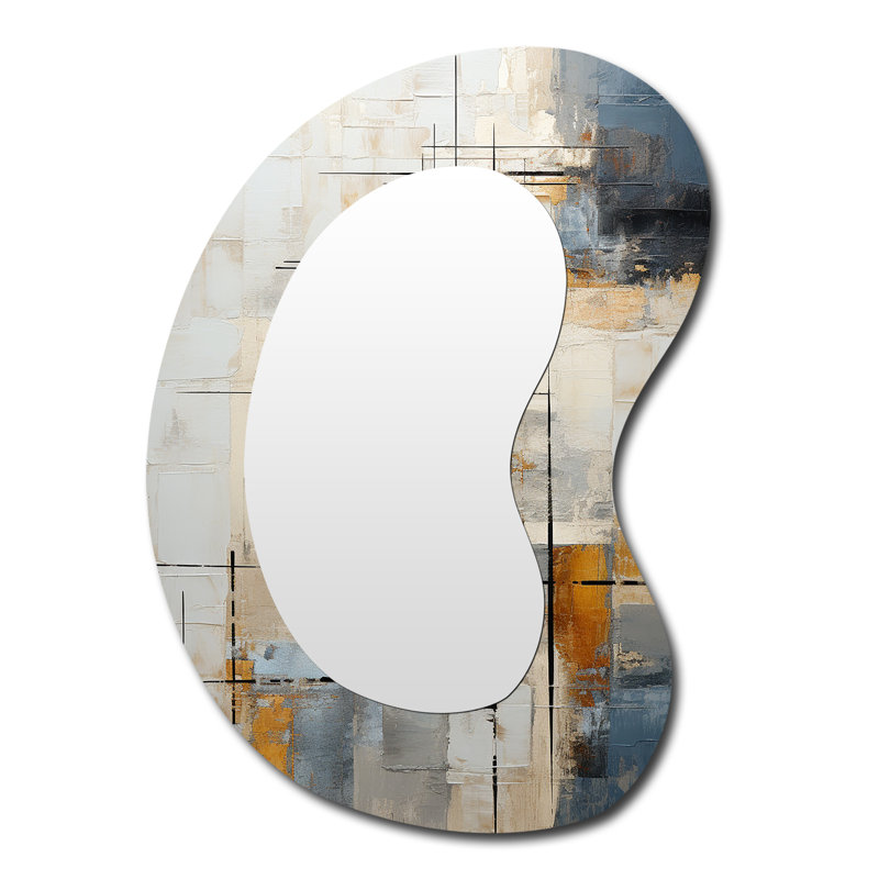 Eriann Abstract Beige Gold Road Collage II - Abstract Collages Unique Shape Decorative Mirror, Modern Asymmetrical Wall Mirror, Printed Metal Art
