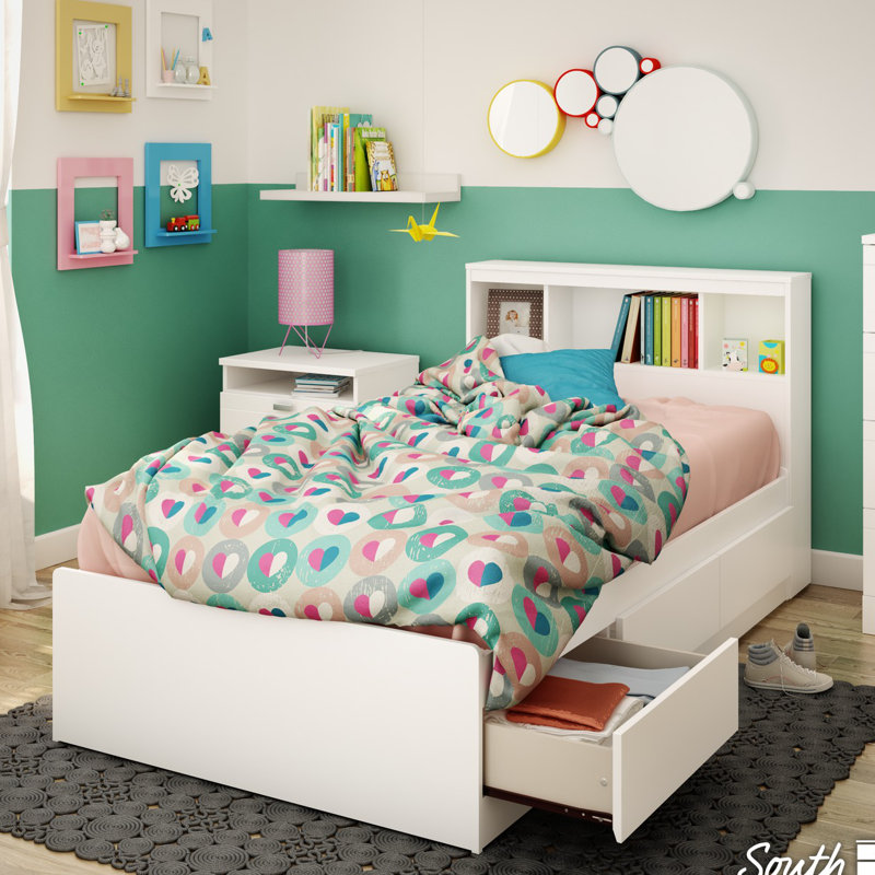 White Twin Platform Bed with Storage and Bookcase Headboard