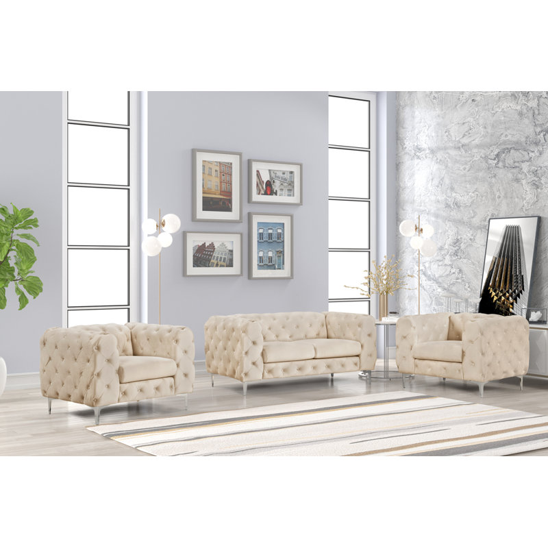 Ensemble de salon 3 pièces en velours, Beige