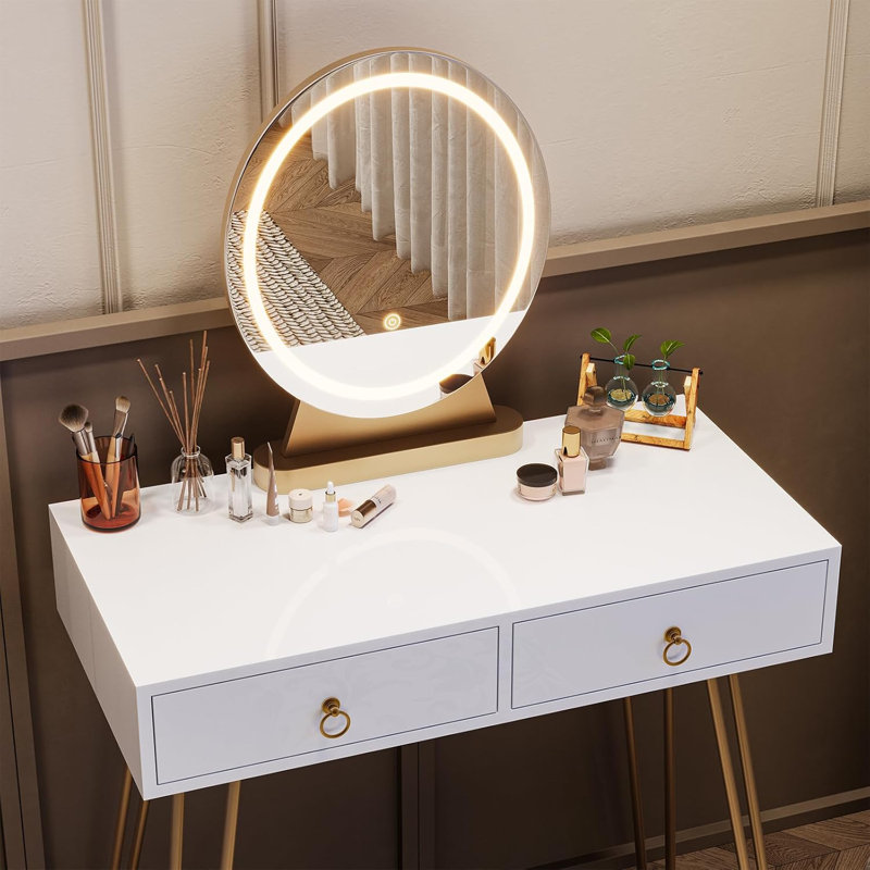Bureau de coiffeuse blanc avec tabouret - Petite coiffeuse avec 3 modes d'éclairage Luminosité réglable - Coiffeuse 32 po avec 2 tiroirs