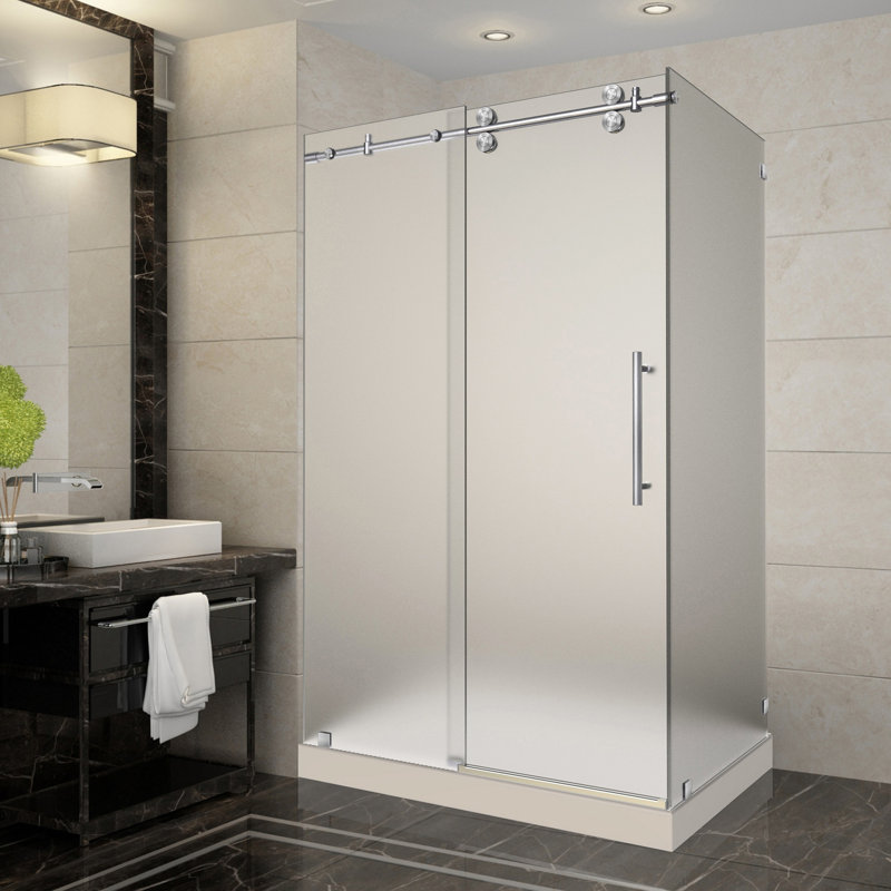 Langham 48" W x 35" D x 77.5" H Frameless Rectangle Sliding Shower enclosure with Base Included, Left, Stainless Steel