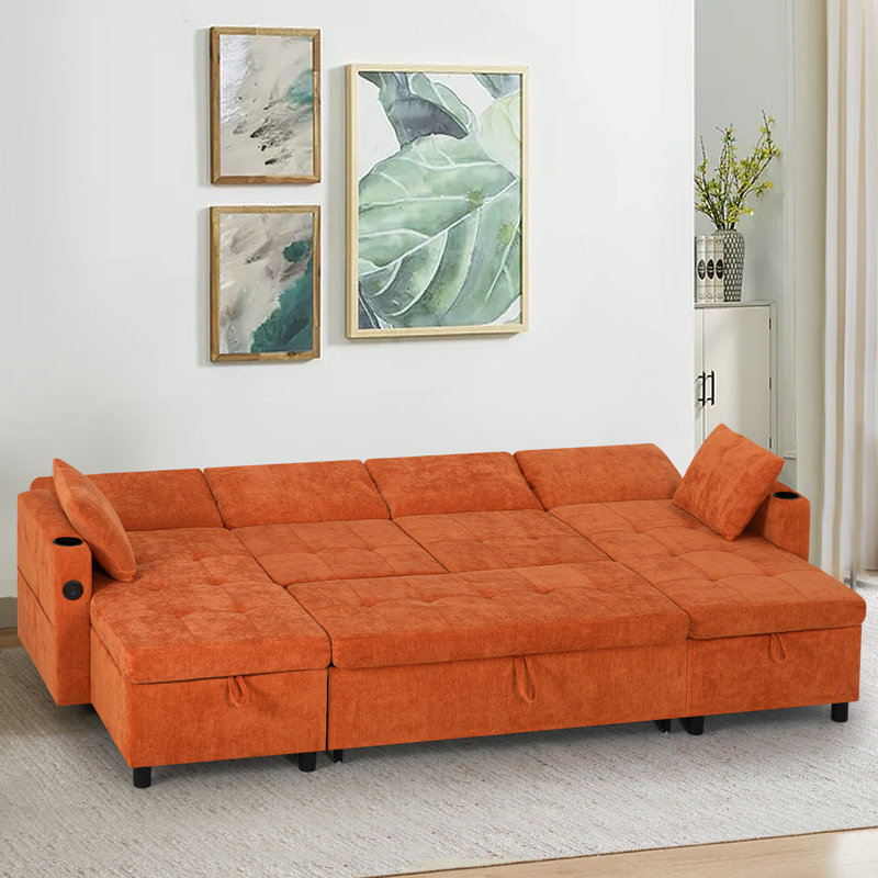 108" Sectional Sleeper Sofa Bed With Storage Chaises And Adjustable Backrest, U-Shape Reversible Couch With Pull-Out Bed, Convertible Sofa With USB Charging Port For Living Room, House