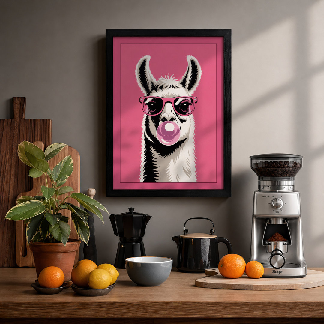 Llama Bubble Gum Modern - Framed Print