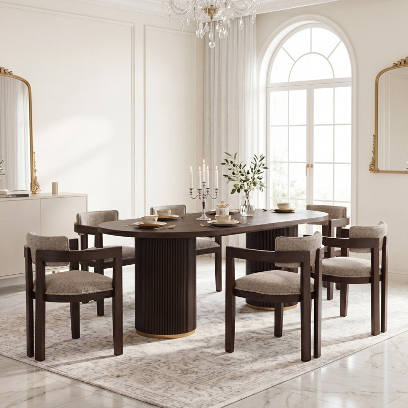 Ensemble de table de salle à manger 6 personnes Lyddia avec chaises rembourrées et base à double caisson cannelé, Espresso