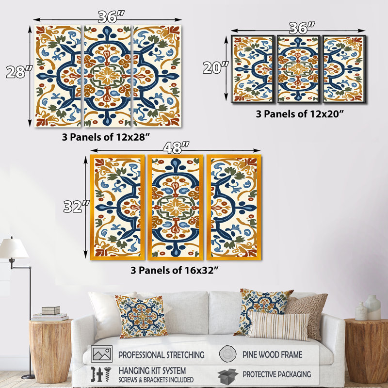 «Méditerranée Tiles in Retro Blue IV», reproduction sur toile 3 pièces, H 32 po x l 48 po x P 1 po, Toile avec cadre blanc