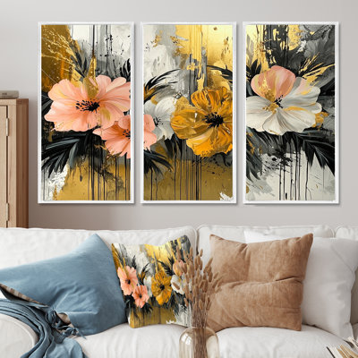 Golden Hibiscus In A Tropical Symphony I - Hibiscus Wall Art - Set Of 3