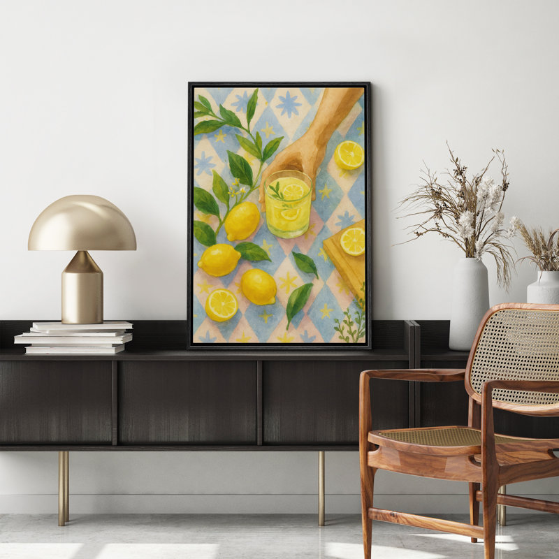 «Lemon Drink and Fruits Art», reproduction d'art sur toile encadrée, H 36 po x l 24 po x P 1,5 po, Structure noire