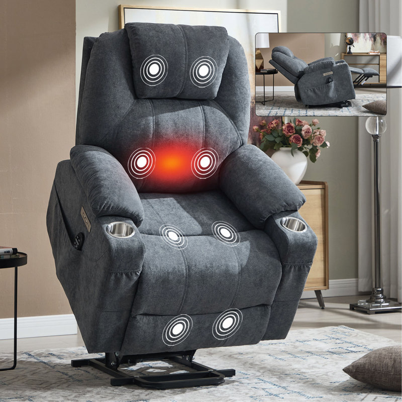 Up To 350 LBS Polyester Power Lift Recliner Chair, Heavy Duty Motion Mechanism With 8-Point Vibration Massage And Lumbar Heating, USB And Type-C Ports, Stainless Steel Cup Holders