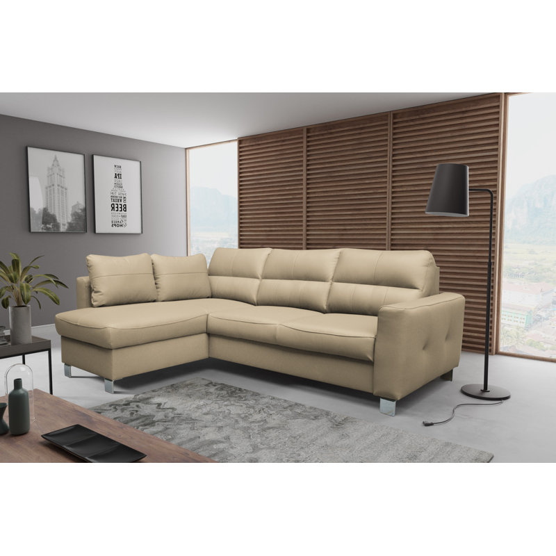 Birdell Leather Corner Sofa with Sleeping Function and Box , Left Hand Facing, Beige