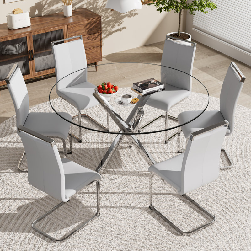 Ensemble de table de salle à manger, table ronde en verre trempé et 4 chaises rembourrées., 7, Gris clair