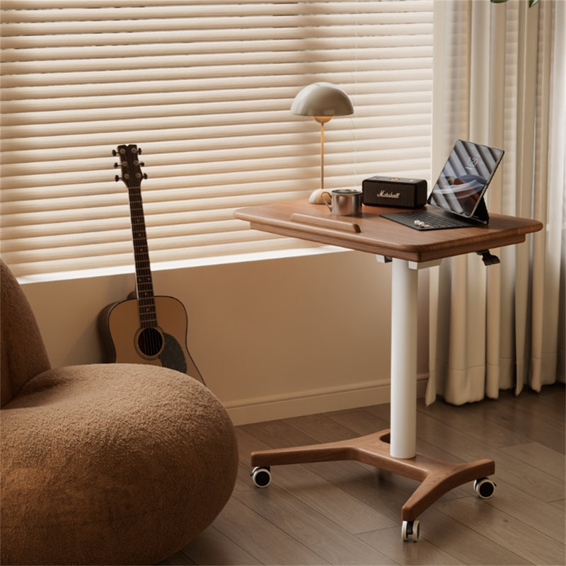 Height-Adjustable Rolling Bedside Desk - Solid Wood Laptop Table with Wheels, Folding Workstation for Office & Study