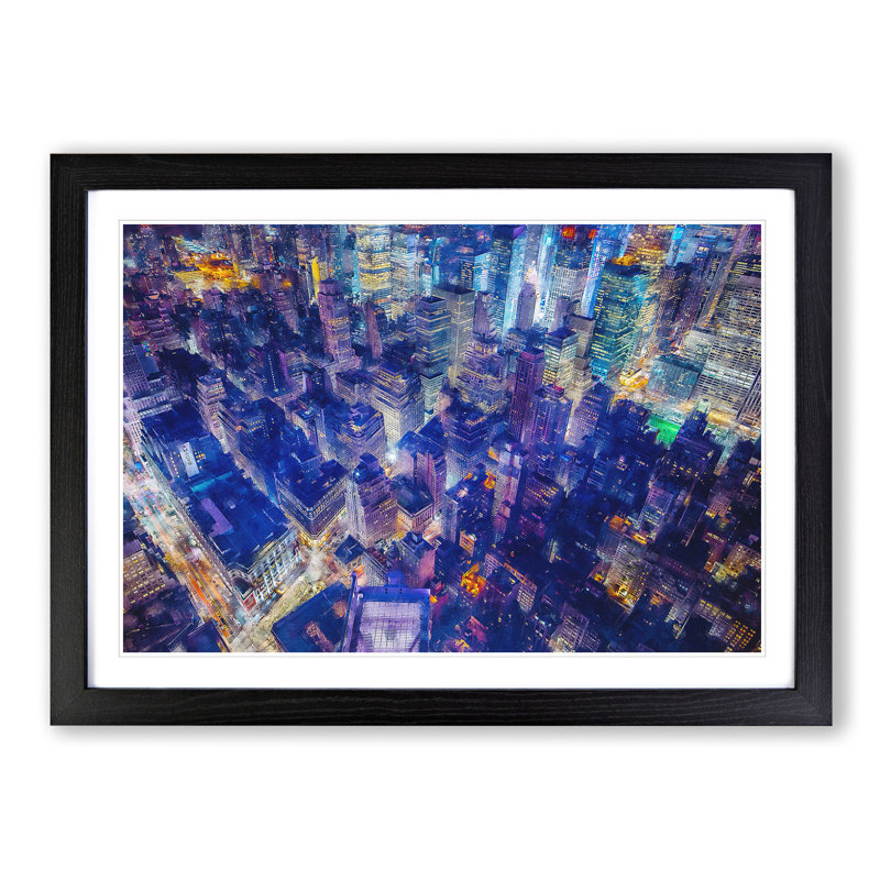 Bright Lights of New York City Painting 1 Piece Single Picture Frame Wall Art on MDF, 62cm H x 87cm W x 2cm D, Black